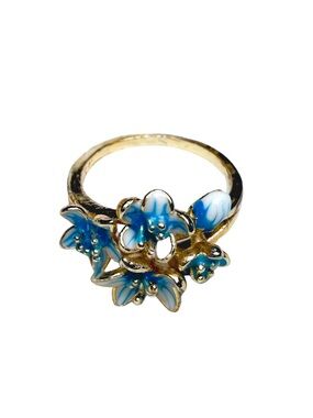 Gold Tone Blue Floral Ring Size OS GUC No Brand